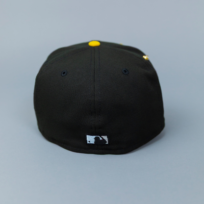 NEW ERA EXCLUSIVE 59FIFTY BLACK/ YELLOW LOS ANGELES DODGERS SCRIPT W/ 60TH ANNIVERSARY SIDE PATCH