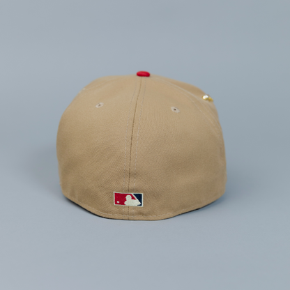 NEW ERA EXCLUSIVE 59FIFTY KHAKI/ YELLOW LOS ANGELES DODGERS SCRIPT W/ 1999 ALL STAR GAME SIDE PATCH