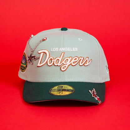 NEW ERA EXCLUSIVE 59FIFTY MINT/ FOREST GREEN LOS ANGELES DODGERS SCRIPT W/ 50TH ANNIVERSARY SIDE PATCH