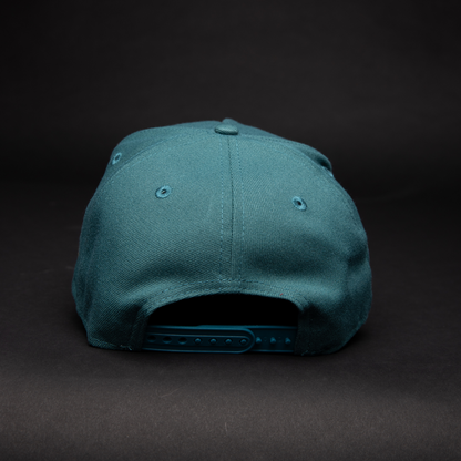 NEW ERA 9FIFTY A-FRAME PINE GREEN LOS ANGELES DODGERS SNAPBACK W/ RED HEART + 50TH ANNIVERSARY SIDE PATCH