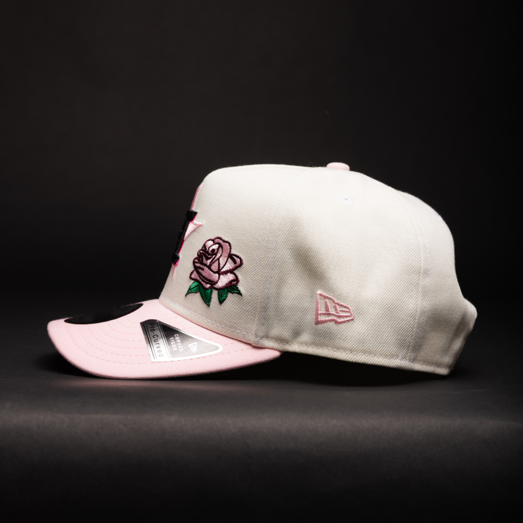 NEW ERA 9FIFTY A-FRAME CHROME/PINK HOUSTON ASTROS W/ PINK ROSE + 35 GREAT YEARS SIDE PATCH