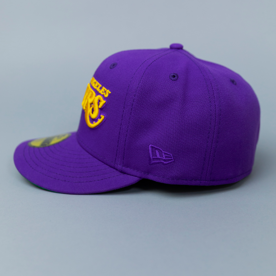 NEW ERA EXCLUSIVE 59FIFTY PURPLE LOS ANGELES LAKERS SCRIPT W/ NBA LOGO SIDE PATCH