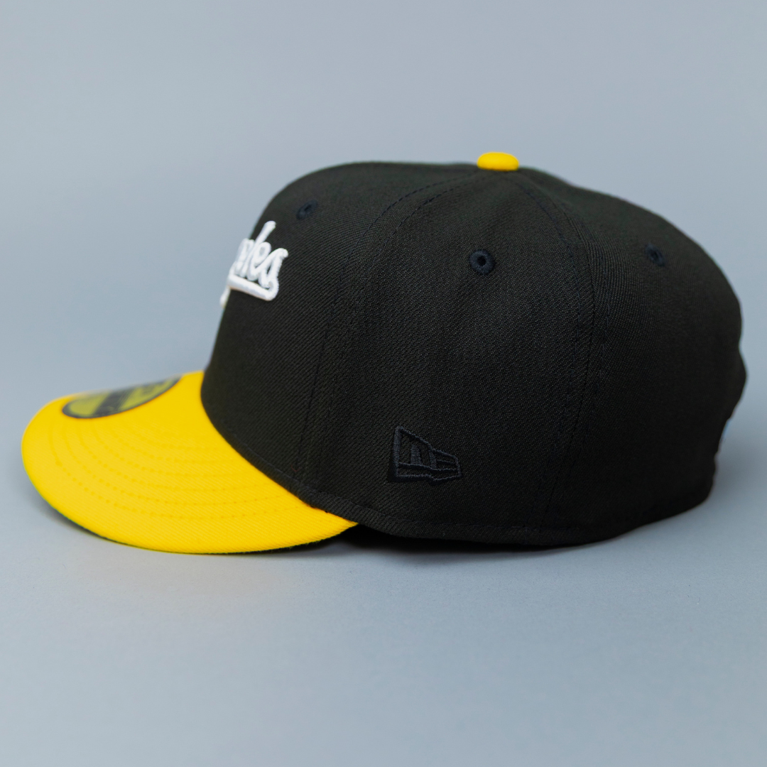 NEW ERA EXCLUSIVE 59FIFTY BLACK/ YELLOW LOS ANGELES DODGERS SCRIPT W/ 60TH ANNIVERSARY SIDE PATCH