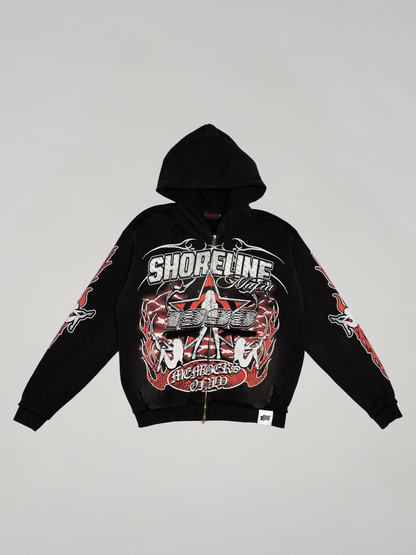 CAP CITY X SHORELINE MAFIA BLACK/RED MEMBERS ONLY ZIP UP HOODIE - UNISEX