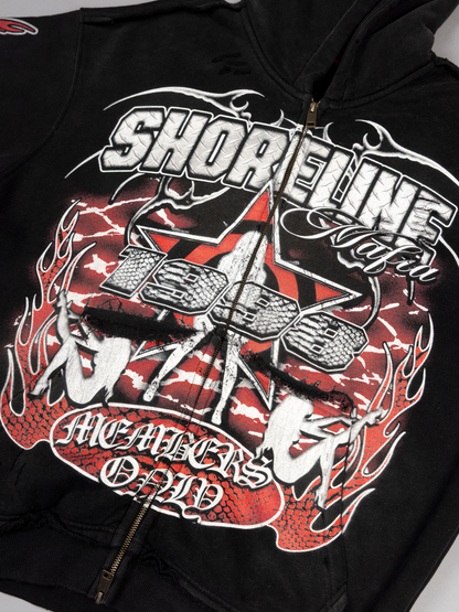 CAP CITY X SHORELINE MAFIA BLACK/RED MEMBERS ONLY ZIP UP HOODIE - UNISEX