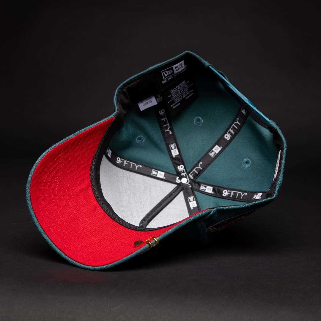 NEW ERA 9FIFTY A-FRAME PINE GREEN LOS ANGELES DODGERS SNAPBACK W/ RED HEART + 50TH ANNIVERSARY SIDE PATCH