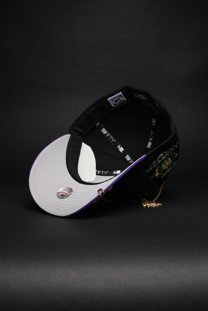 NEW ERA EXCLUSIVE 59FIFTY BLACK/PURPLE NEW YORK YANKEES W/ WORLD SERIES CHAMPIONS SIDE PATCH