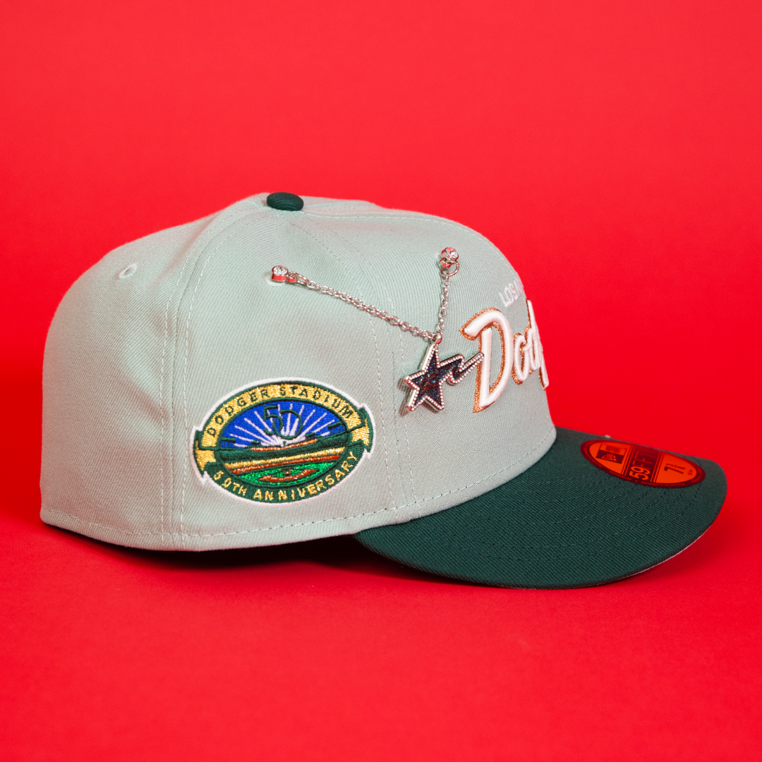 NEW ERA EXCLUSIVE 59FIFTY MINT/ FOREST GREEN LOS ANGELES DODGERS SCRIPT W/ 50TH ANNIVERSARY SIDE PATCH
