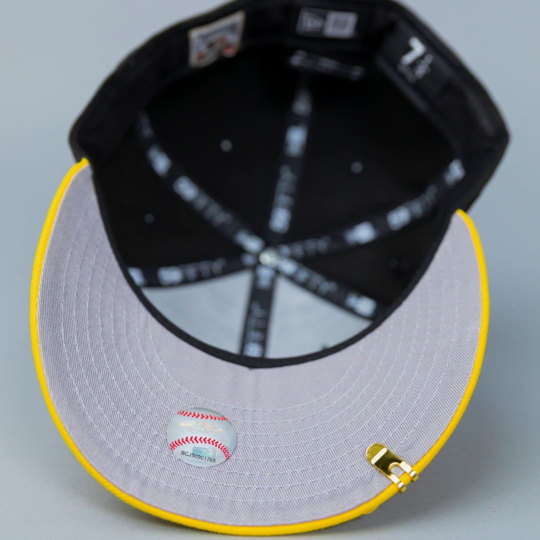 NEW ERA EXCLUSIVE 59FIFTY BLACK/ YELLOW LOS ANGELES DODGERS SCRIPT W/ 60TH ANNIVERSARY SIDE PATCH