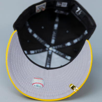 NEW ERA EXCLUSIVE 59FIFTY BLACK/ YELLOW LOS ANGELES DODGERS SCRIPT W/ 60TH ANNIVERSARY SIDE PATCH