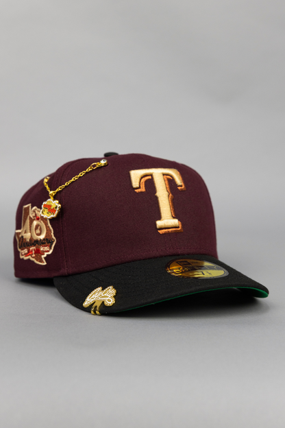 NEW ERA EXCLUSIVE 59FIFTY BURGUNDY/ BLACK TEXAS RANGERS W/ 40TH ANNIVERSARY SIDE PATCH