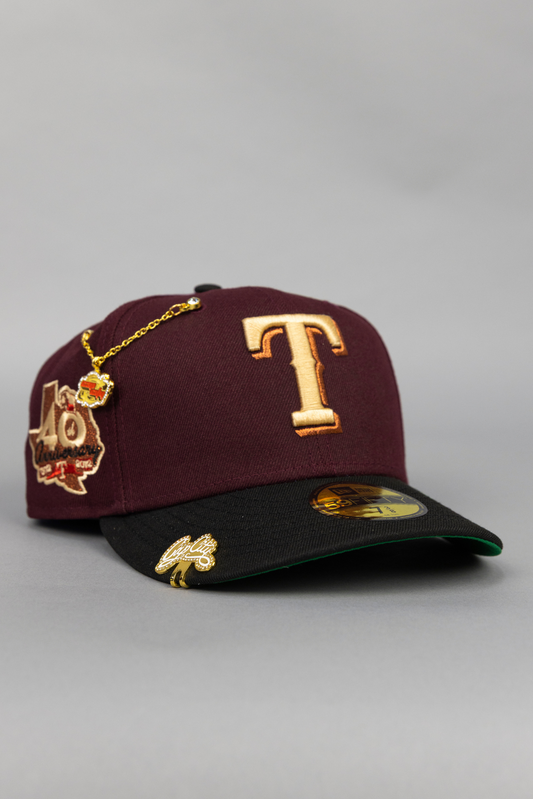 NEW ERA EXCLUSIVE 59FIFTY BURGUNDY/ BLACK TEXAS RANGERS W/ 40TH ANNIVERSARY SIDE PATCH