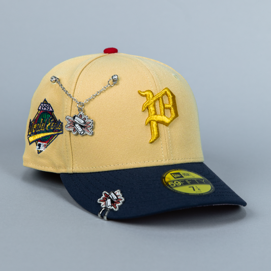 NEW ERA EXCLUSIVE 59FIFTY VEGAS GOLD/ NAVY PHILADELPHIA PHILLIES W/ 1997 WORLD SERIES SIDE PATCH