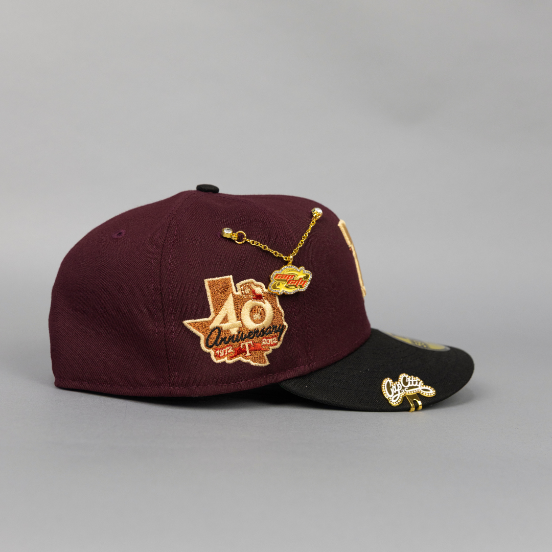 NEW ERA EXCLUSIVE 59FIFTY BURGUNDY/ BLACK TEXAS RANGERS W/ 40TH ANNIVERSARY SIDE PATCH