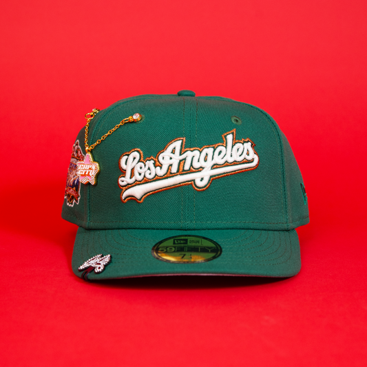 NEW ERA EXCLUSIVE 59FIFTY PINE GREEN LOS ANGELES DODGERS SCRIPT W/ 40TH ANNIVERSARY SIDE PATCH
