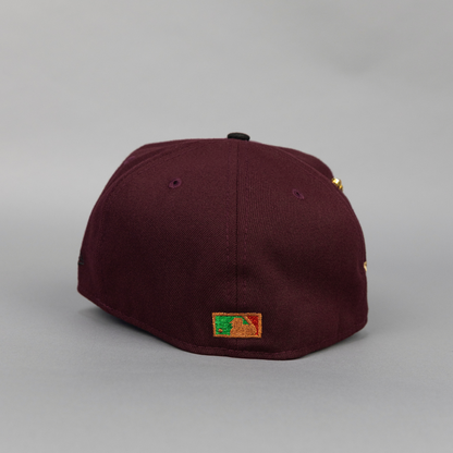 NEW ERA EXCLUSIVE 59FIFTY BURGUNDY/ BLACK TEXAS RANGERS W/ 40TH ANNIVERSARY SIDE PATCH