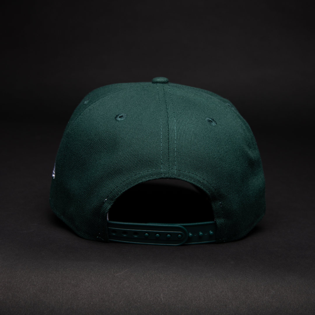 NEW ERA 9FIFTY A-FRAME FOREST GREEN LOS ANGELES DODGERS SNAPBACK W/ INTERSTATE + 50TH ANNIVERSARY SIDE PATCH