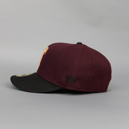 NEW ERA EXCLUSIVE 59FIFTY BURGUNDY/ BLACK TEXAS RANGERS W/ 40TH ANNIVERSARY SIDE PATCH