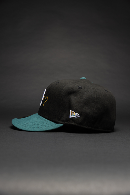 NEW ERA EXCLUSIVE 59FIFTY BLACK/PINE GREEN LOS ANGELES DODGERS W/ HEART + 40TH ANNIVERSARY SIDE PATCH