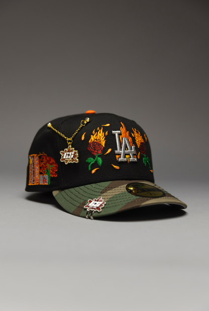 NEW ERA EXCLUSIVE 59FIFTY BLACK/CAMO LOS ANGELES DODGERS W/ BURNT ROSES + TOKYO SERIES SIDE PATCH