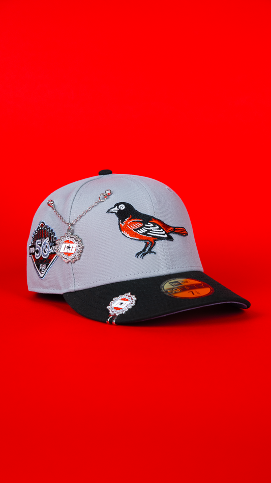NEW ERA EXCLUSIVE 59FIFTY GREY/ BLACK BALTIMORE ORIOLES W/ 50TH ANNIVERSARY SIDE PATCH