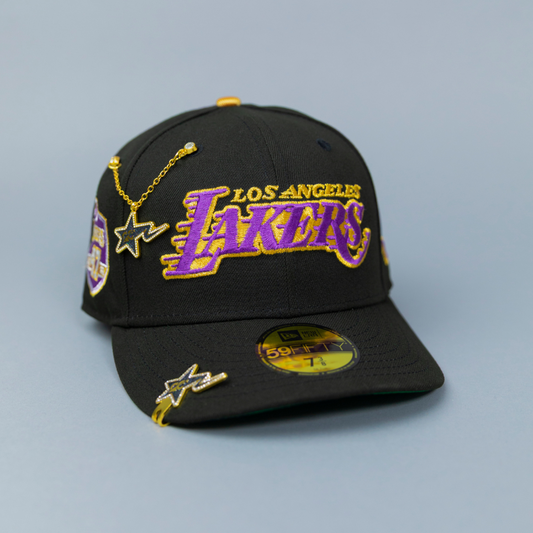 NEW ERA EXCLUSIVE 59FIFTY BLACK LOS ANGELES LAKERS SCRIPT W/ 17X CHAMPIONS SIDE PATCH