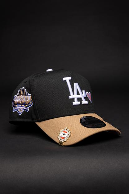 NEW ERA 9FIFTY A-FRAME BLACK/ BEIGE LOS ANGELS DODGERS SNAPBACK W/ PINK HEART + 40TH ANNIVERSARY SIDE PATCH