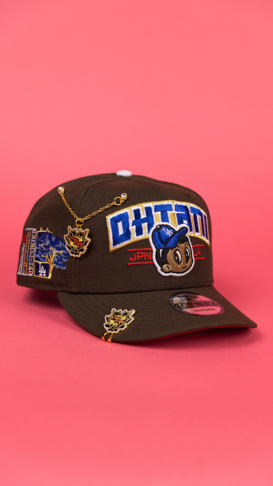 NEW ERA EXCLUSIVE 9FIFTY BROWN LOS ANGELES DODGERS SNAPBACK W/ SHOHEI OHTANI SCRIPT + JAPANESE BLUE BLOSSOM SIDE PATCH