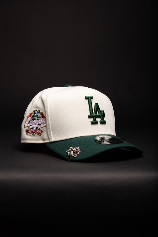 NEW ERA 9FIFTY A-FRAME CHROME/FOREST GREEN LOS ANGELES DODGERS SNAPBACK W/ 100TH ANNIVERSARY SIDE PATCH