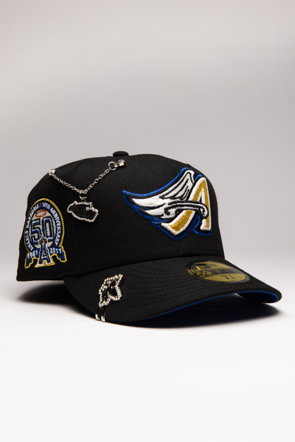 NEW ERA EXCLUSIVE 59FIFTY BLACK ANAHEIM ANGELS W/ 50TH ANNIVERSARY SIDE PATCH