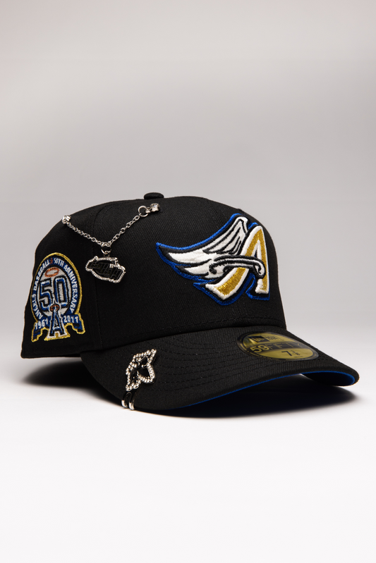 NEW ERA EXCLUSIVE 59FIFTY BLACK ANAHEIM ANGELS W/ 50TH ANNIVERSARY SIDE PATCH