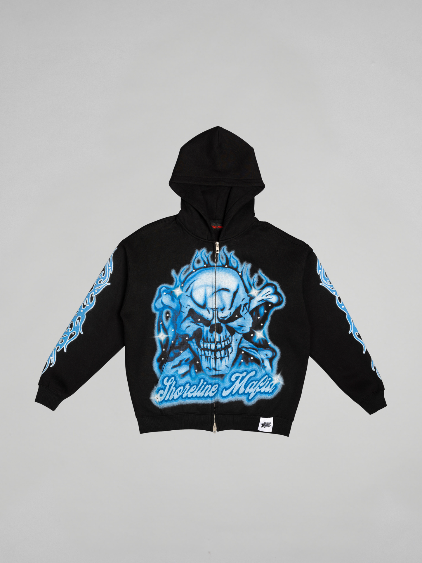 CAP CITY X SHORELINE MAFIA BLACK/BLUE AIR BRUSH ZIP UP HOODIE W/ RHINESTONES - UNISEX