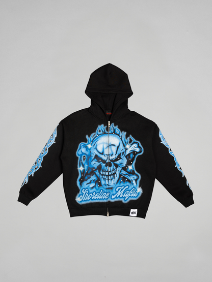 CAP CITY X SHORELINE MAFIA BLACK/BLUE AIR BRUSH ZIP UP HOODIE W/ RHINESTONES - UNISEX