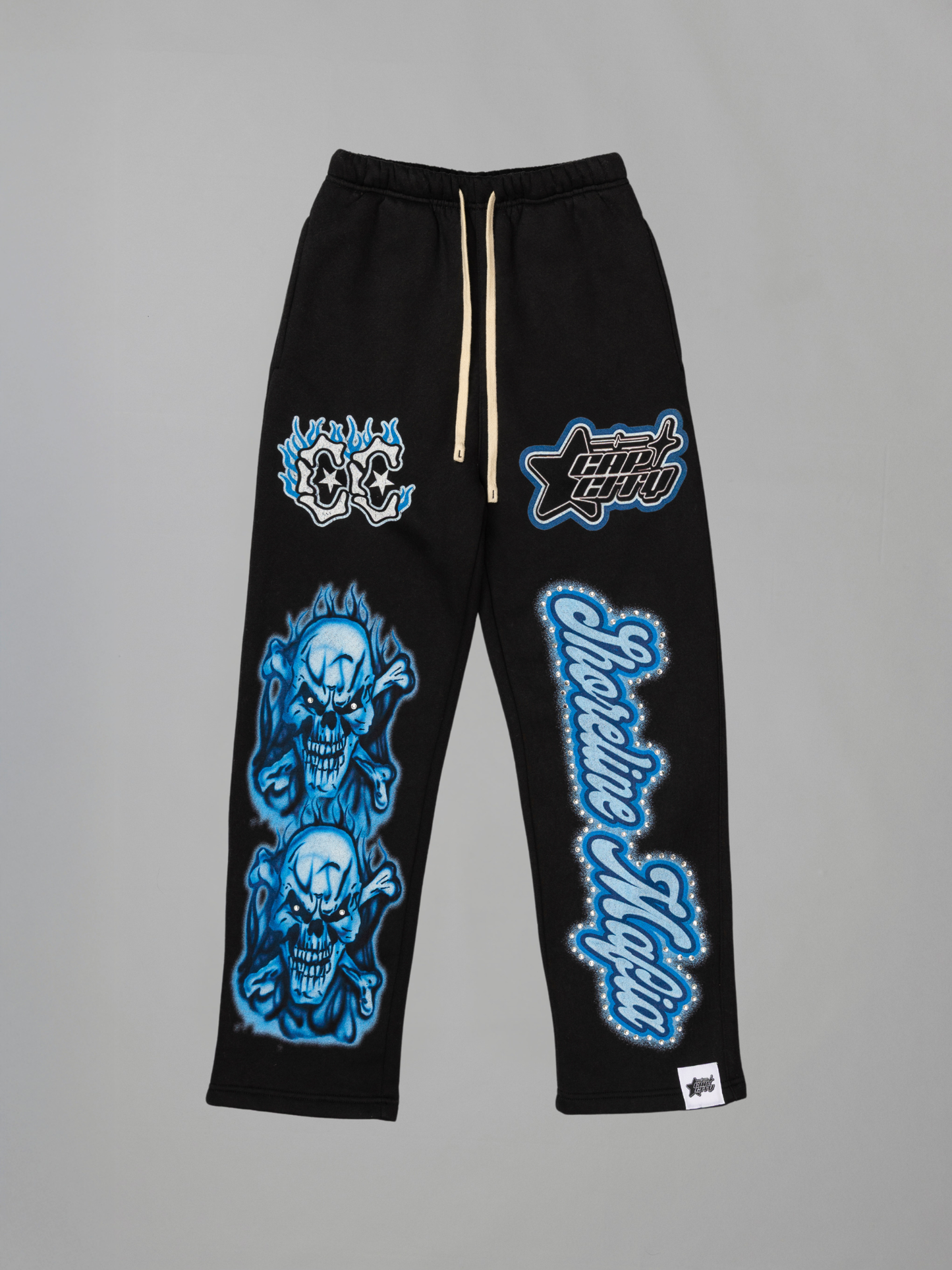 CAP CITY X SHORELINE MAFIA BLACK/BLUE AIR BRUSH PANTS W/ RHINESTONES - UNISEX