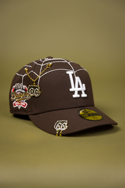 NEW ERA EXCLUSIVE 59FIFTY BROWN LOS ANGELES DODGERS W/ SPIDER WEB + 100TH ANNIVERSARY SIDE PATCH