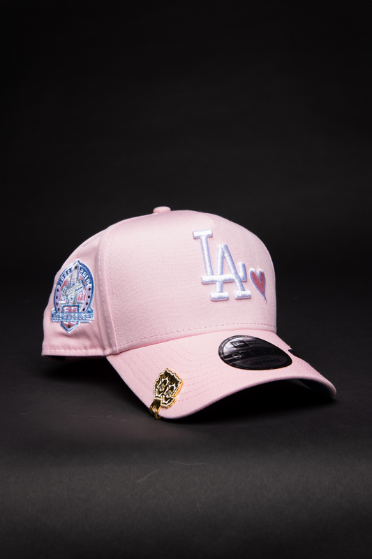 NEW ERA 9FIFTY A-FRAME PINK LOS ANGELES DODGERS SNAPBACK W/ PINK HEART + 60TH ANNIVERSARY SIDE PATCH