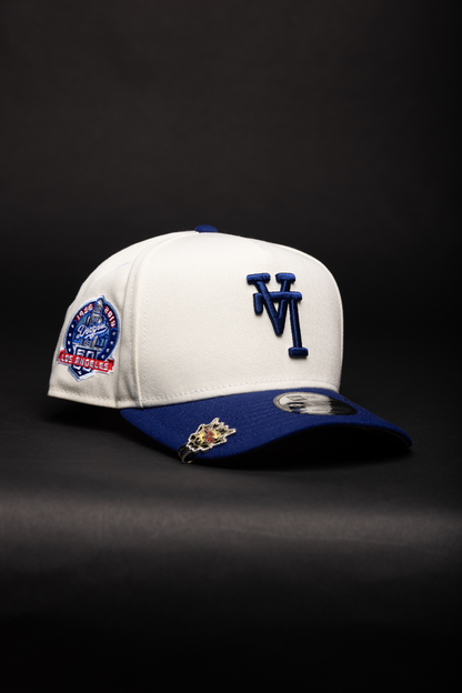 NEW ERA 9FIFTY A-FRAME CHROME/BLUE UPSIDE DOWN LOS ANGELES DODGERS SNAPBACK W/ 60TH ANNIVERSARY SIDE PATCH