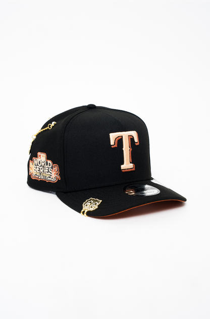 NEW ERA 9FIFTY A-FRAME BLACK TEXAS RANGERS SNAPBACK W/ WORLD SERIES SIDE PATCH