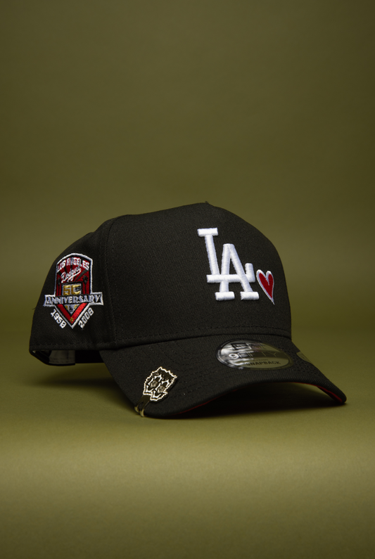 NEW ERA 9FIFTY A-FRAME BLACK LOS ANGELES DODGERS SNAPBACK W/ RED HEART + 50TH ANNIVERSARY SIDE PATCH