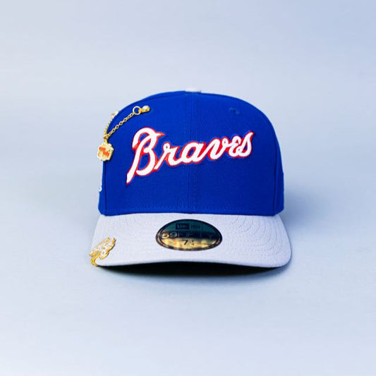 NEW ERA 59FIFTY BLUE/ GREY ATLANTA BRAVES SCRIPT W/ 40TH ANNIVERSARY SIDE PATCH