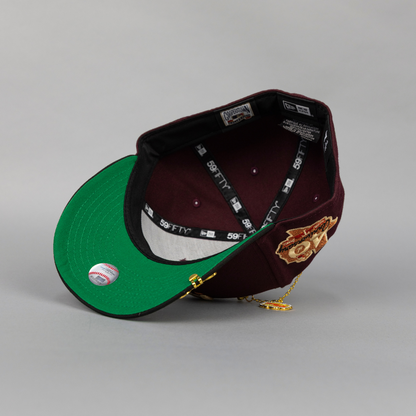 NEW ERA EXCLUSIVE 59FIFTY BURGUNDY/ BLACK TEXAS RANGERS W/ 40TH ANNIVERSARY SIDE PATCH
