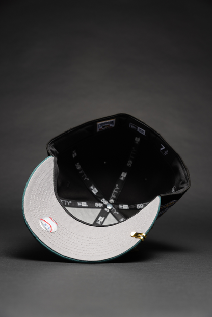 NEW ERA EXCLUSIVE 59FIFTY BLACK/PINE GREEN LOS ANGELES DODGERS W/ HEART + 40TH ANNIVERSARY SIDE PATCH