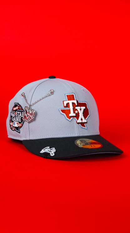 NEW ERA EXCLUSIVE 59FIFTY GREY/ BLACK TEXAS RANGERS W/ ALL STAR GAME SIDE PATCH