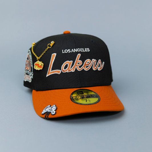 NEW ERA EXCLUSIVE 59FIFTY BLACK/ RUST LOS ANGELES LAKERS SCRIPT W/ 60TH ANNIVERSARY SIDE PATCH