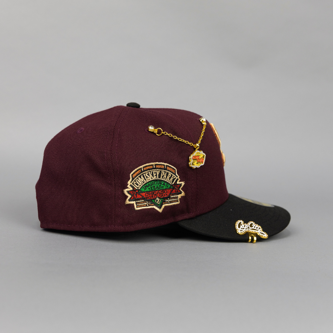 NEW ERA EXCLUSIVE 59FIFTY BURGUNDY/ BLACK CHICAGO WHITE SOX W/ COMISKEY PARK SIDE PATCH