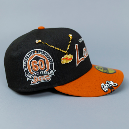 NEW ERA EXCLUSIVE 59FIFTY BLACK/ RUST LOS ANGELES LAKERS SCRIPT W/ 60TH ANNIVERSARY SIDE PATCH