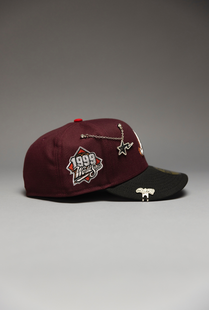 NEW ERA EXCLUSIVE 59FIFTY BURGUNDY//BLACK ATLANTA BRAVES W/ 1999 WORLD SERIES SIDE PATCH