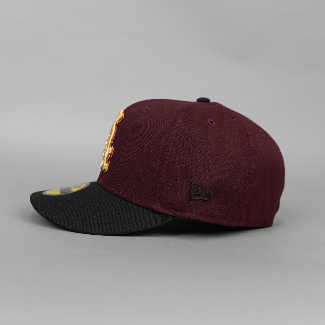 NEW ERA EXCLUSIVE 59FIFTY BURGUNDY/ BLACK CHICAGO WHITE SOX W/ COMISKEY PARK SIDE PATCH