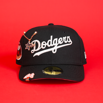 NEW ERA 59FIFTY BLACK LOS ANGELES DODGERS SCRIPT W/ WORLD SERIES SIDE PATCH