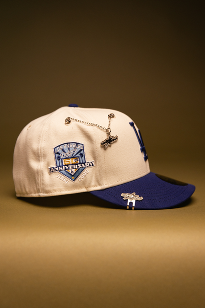 NEW ERA EXCLUSIVE 59FIFTY CHROME/BLUE LOS ANGELES DODGERS W/ HEART + 50TH ANNIVERSARY SIDE PATCH